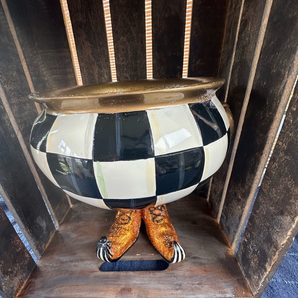 MacKenzie-Childs Checkered Cauldron with Gold and Orange Accents